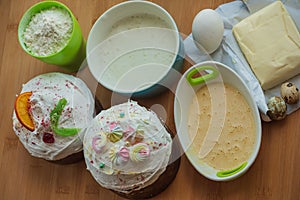 Ingredients for baking cake. Preparation for baking flour butter. Easter. Easter cake