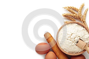 Ingredients for baking or cooking, egg, flour isolated on white background