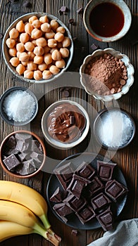 Ingredients for baking displayed on a wooden table., Generated AI