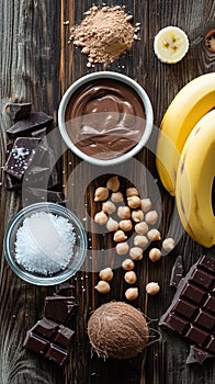 Ingredients for baking displayed on a wooden table., Generated AI