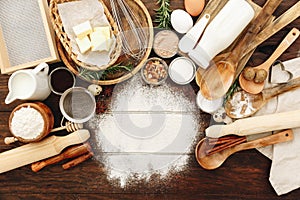 Ingredients for baking. Flour, eggs, sugar