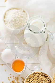 Ingredients for baking: flour, milk, wheat grain, butter and eggs