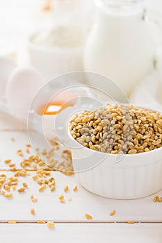 Ingredients for baking: flour, milk, wheat grain, butter and eggs