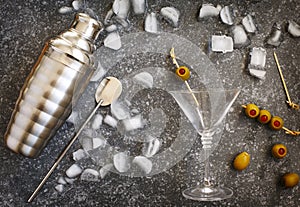 Ingredients and bar utensils for making martini cocktail.