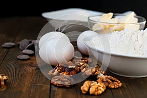 Ingredients for a batch of homemade chocolate cake brownie