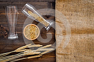 Ingredients for beer. Malting barley in beer glass on wooden background top view mockup