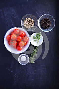 Ingredients in bowl on black woooden