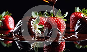 Ingredients Chocolate poured over strawberries, a sweet dish on black surface