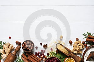 Ingredients for Christmas baking. Food preparation products: eggs, butter, flour, sugar. Food decoration for the new year.