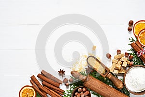 Ingredients for Christmas baking. Food preparation products: eggs, butter, flour, sugar. Food decoration for the new year