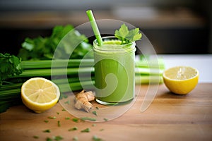 ingredients circling a green smoothie: celery, parsley, lime