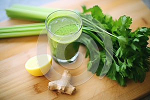 ingredients circling a green smoothie: celery, parsley, lime