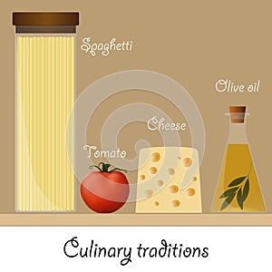 Ingredients for a classic pasta. Spaghetti, tomato, cheese, olive oil.