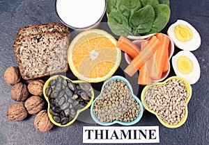 Ingredients containing vitamins B1 thiamine. Healthy eating concept