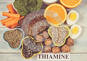 Ingredients containing vitamins B1 thiamine. Healthy eating concept