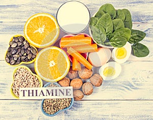 Ingredients containing vitamins B1 thiamine. Healthy eating concept