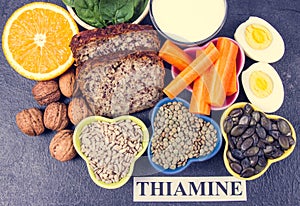 Ingredients containing vitamins B1 thiamine. Healthy eating concept