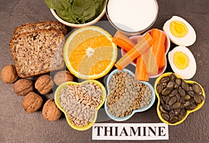 Ingredients containing vitamins B1 thiamine. Healthy eating concept