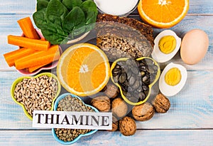 Ingredients containing vitamins B1 thiamine. Healthy eating concept