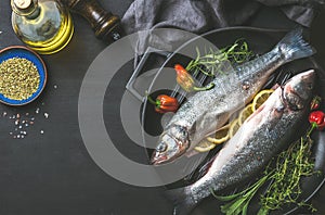 Ingredients for cookig healthy fish dinner. Raw uncooked seabass with olive oil, herbs and spices on black grilling