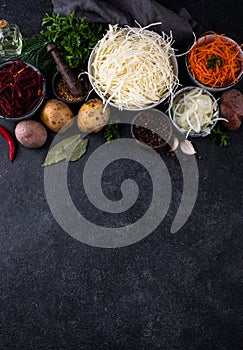 Ingredients for cooking beetroot soup borsch.