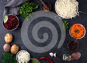 Ingredients for cooking beetroot soup borsch.