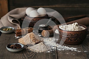 Ingredients for cooking bread or cookies: bran, flour and spices