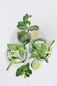 Ingredients for cooking cold spring drink with cucumber, pieces of lime, fresh leaves mint and ice cubes on soft white background.