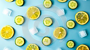 Ingredients for cooking cold spring lemonade drink with cucumber, pieces of lemon, ice cubes on blue background, top view