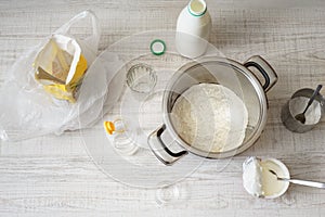 Ingredients for cooking dough pizza on the white table