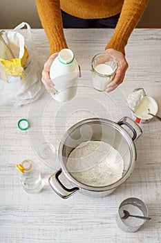 Ingredients for cooking dough pizza on the white table