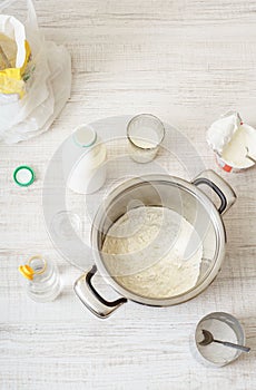 Ingredients for cooking dough pizza on the wooden table