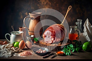 ingredients for cooking easter ham on table