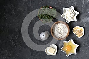 Ingredients for cooking gnocchi or dumplings with nettle on a dark gray concrete background: ricotta cheese, fresh nettle, egg,