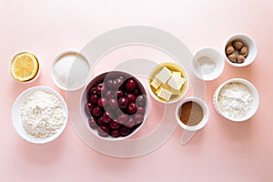 Ingredients for cooking homemade cherry lattice cake on pink background. Traditional american food. Top view