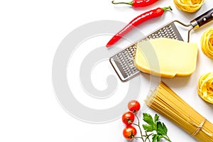 Ingredients for cooking paste white background top view mock up