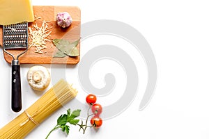 Ingredients for cooking paste white background top view mock up