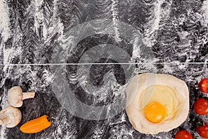 Ingredients for cooking pizza on stone table, top view