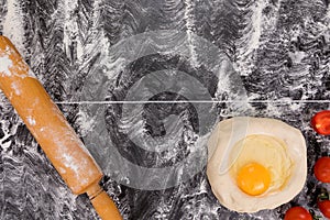 Ingredients for cooking pizza on stone table, top view