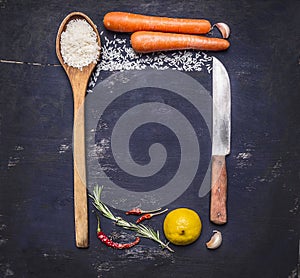 Ingredients for cooking rice with vegetables, a knife, a wooden spoon, lemon, spicy, pepper, garlic lined frame with text area on