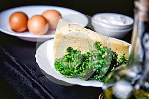 Ingredients for cooking scrambled eggs with cheese, the restaurant kitchen