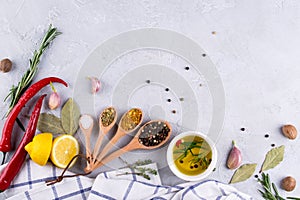 Ingredients for cooking. Selection of spices and herbs Food background on gray table.