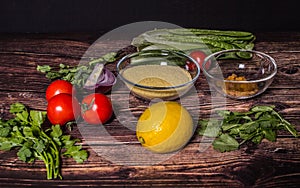 Ingredients for cooking Tabbouleh - Levantine vegetarian salad.