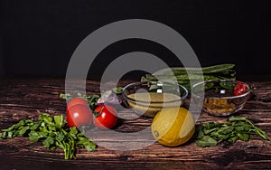 Ingredients for cooking Tabbouleh - Levantine vegetarian salad.