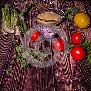 Ingredients for cooking Tabbouleh - Levantine vegetarian salad.