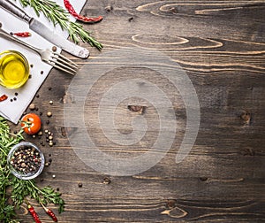 Ingredients for cooking vegetarian food, tomatoes, butter, herbs, colorful peppers on wooden rustic background top view border, pl