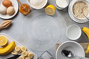 Ingredients for delicious cooking. banana oatmeal pancakes food frame