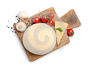 Ingredients for delicious pizza on white background, top view