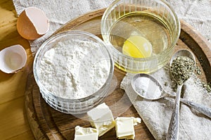 Ingredients for the dough: eggs, flour, butter, salt