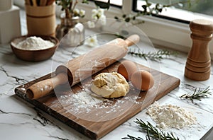 ingredients of dough, flour and rolling pin for making bread